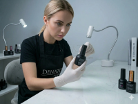 Stylistka paznokci sprawdza skład żelu UV w salonie, aby upewnić się, że nie zawiera TPO